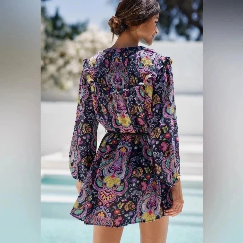 NWT Anthropologie Mini Dress Paisley Vibrant Boho Smocked Collar‎ Med